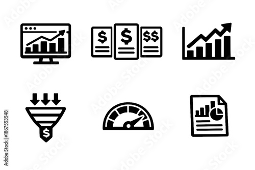 Revenue analytics icon set with monetization, pricing and income tracking symbols. Black flat vector icons with transparent background for finance dashboards and UI.