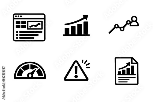 SaaS performance vector icon set featuring KPIs, retention and growth tracking icons. Black flat icons ideal for dashboards, reports and software platforms.