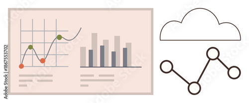 Business strategy, market research, cloud computing, data management, analytics, statistical monitoring. Bar chart, line graph cloud connection design. Data analytics and market research concept