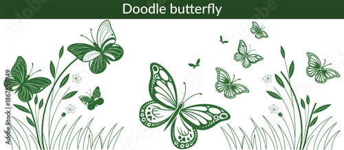 Doodle butterfly. Sketch flying butterflies with beautiful wings. Spring cartoon insects black silhouette. Elegant simple moth clipart. Vector isolated set