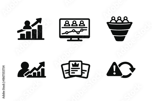 User analytics vector icon set featuring growth tracking, churn and subscription metrics. Black flat icons ideal for SaaS platforms, reports and digital interfaces.