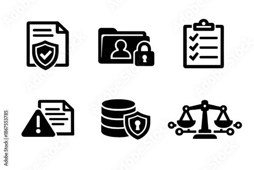 Compliance and data protection vector icon set featuring secure data, audits and regulatory control icons. Black flat icons ideal for dashboards, reports and business platforms.