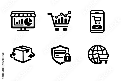 Ecommerce business vector icon set featuring store management, secure payments and global sales icons. Black flat icons ideal for online platforms, reports and digital interfaces.