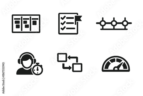 Task management vector icon set featuring timelines, focus and performance dashboards. Black flat icons ideal for productivity software, SaaS tools and digital interfaces.