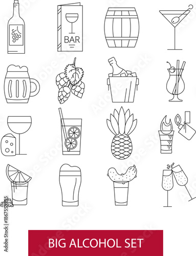 A flat set icons for alcohol beverages. Wine, beer and cocktails. Outline icons for restaurants, cafes, bars and winery. Vector illustration