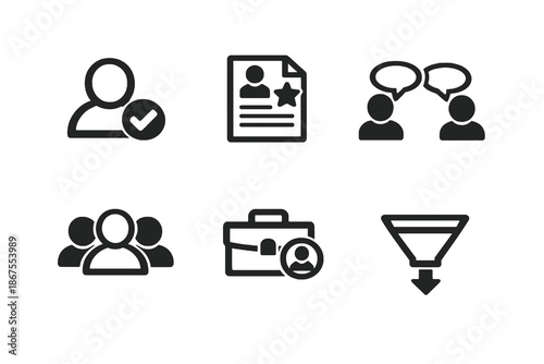 Human resources vector icon set featuring team, hiring process and candidate selection icons. Black flat icons ideal for recruitment platforms, SaaS tools and digital interfaces.