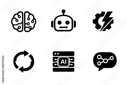 Artificial intelligence and automation icon set with brain, robot and workflow symbols. Black flat vector icons with transparent background for AI apps, SaaS UI and tech platforms.
