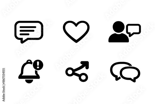 Communication vector icon set featuring chat bubbles, user interaction and social engagement icons. Black flat icons ideal for mobile apps, websites and interface design.