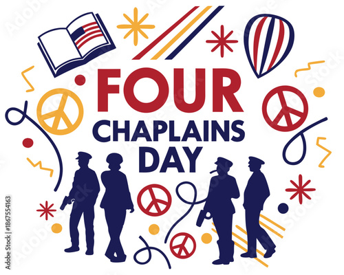 Four Chaplains Day Vector Illustration Honoring Heroic Chaplains Isolated on White Background