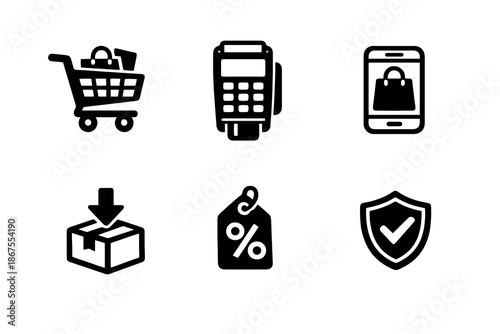 Ecommerce icon set with shopping, payment and delivery symbols. Black flat vector icons with transparent background for online stores, apps and digital interfaces.