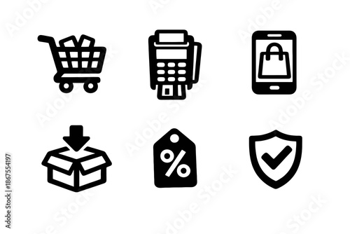 Online shopping vector icon set featuring cart, mobile commerce and secure payment icons. Black flat icons ideal for ecommerce UI, websites and marketing assets.