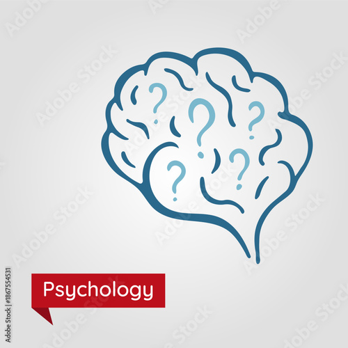 Mental health, a sign or logo for psychologist. Coaching, psychology. A puzzled brain with question signs in  hand-drawn style. Vector design element for psychotherapy