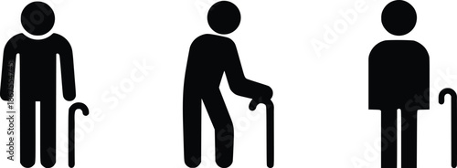 Elderly People with Walking Cane Silhouette Icon Set, Senior Care Symbols
