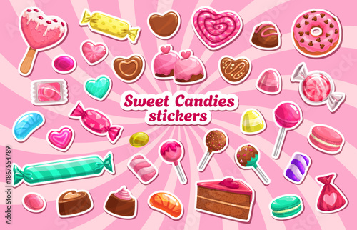 Valentine day sweets and candies stickers pack of heart caramels and pink desserts, vector set. Valentine day or love holiday stickers of chocolate cake with berry marmalade, ice cream macaroons
