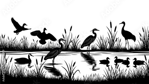 Serene wetland scene with herons and ducks in a natural habitat viewed from a distance