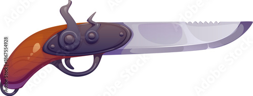 Corsair pirate sailor old pistol gun icon or sign. Buccaneer skipper 18th century vector gunpowder weapon, pirate bandit isolated medieval firearm. Filibuster flintlock gun with knife blade barrel