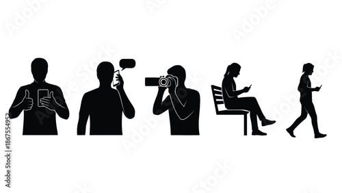 Silhouette collection representing modern people engaged with technology through various activities like talking on the phone taking photos sitting and walking while using smart devices