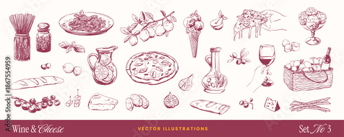 Wine and cheese food doodle sketch icons with bottle, grapes, olives and Italian food elements. Hand-drawn vintage vector line art for restaurant menu, party invitation, or charcuterie board design