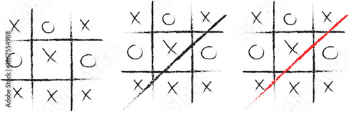 Tic Tac Toe Game Boards with Winning Diagonal Lines, Hand Drawn Sketch Style Illustration