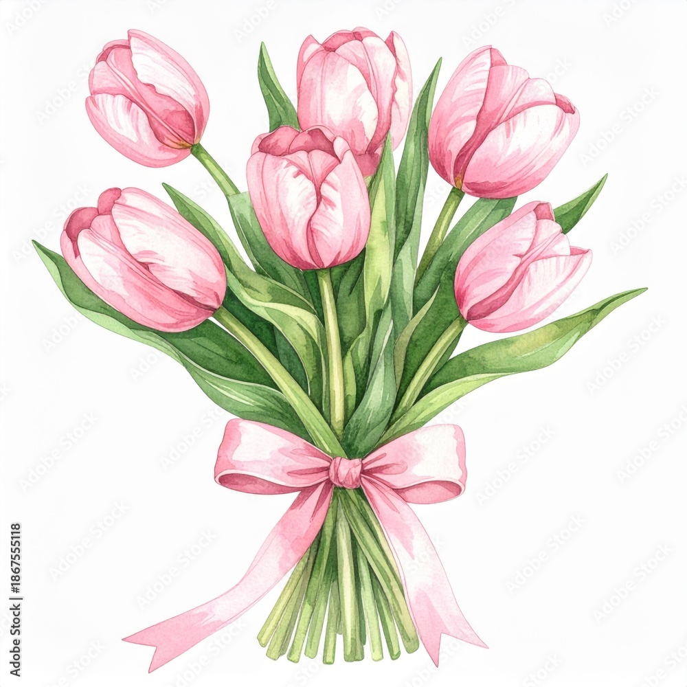 Fototapeta premium Pastel Pink Tulips Bouquet Tied with Ribbon on White Background