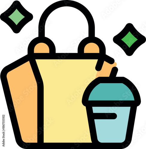 Vibrant shopping bag with a takeaway beverage cup, symbolizing modern consumerism, fast food, and on the go lifestyle