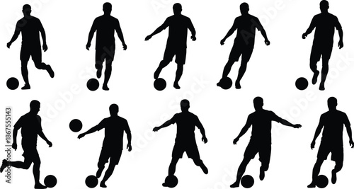 Adobe Stock Title Ten black silhouettes of soccer players dribbling and kicking footballs in various action poses for sports graphic design and illustrations. (20 words)