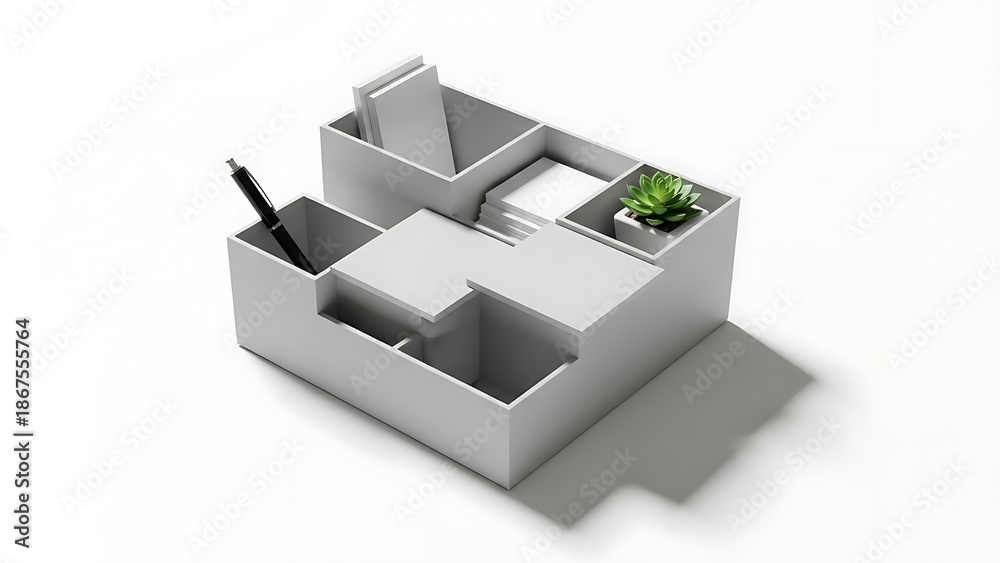 custom made wallpaper toronto digitalA modern white desk organizer with multiple compartments and varying levels holds a black pen, stacked white paper notes, and a small green succulent plant, arranged on a clean white surface with a