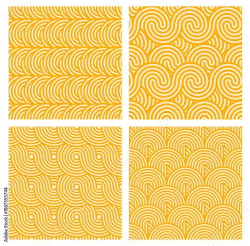 Yellow ramen pasta noodles, pattern background. Italian food cafe menu geometric vector pattern, fast food graphic yellow backdrop. Ramen meal prints or backgrounds with pasta noodle waves