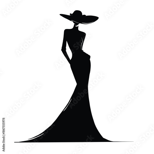 Elegant black silhouette of a woman in a long flowing gown and wide hat, minimalist luxury fashion illustration for branding, editorials and posters