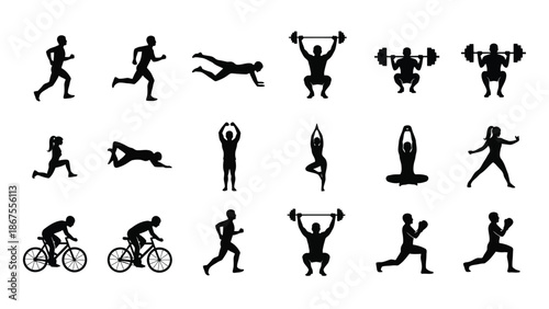 Collection of black silhouette icons depicting various physical fitness activities including running weightlifting yoga cycling swimming and martial arts exercises