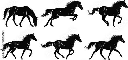 Black Horse Silhouettes Set, Running Jumping and Grazing Stallion Icons, Isolated Vector Graphic Elements for Equestrian Sport and Wild Nature Design