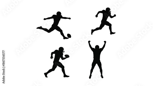 Collection of black silhouette icons illustrating various fundamental actions performed by an american football player including kicking passing running and celebrating a victory