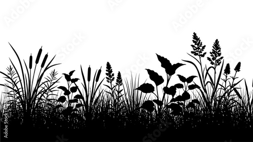 Silhouetted plants and grass swaying gently in the wind, viewed from a low angle against a clear background