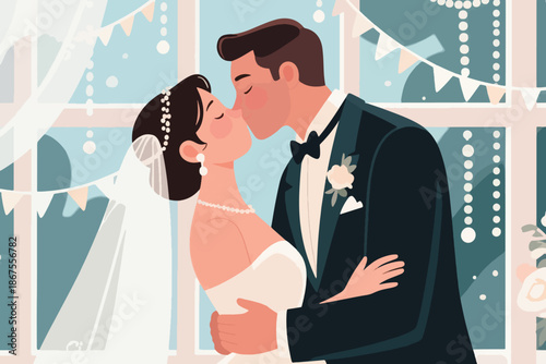 Bride and groom kissing on wedding day in romantic indoor setting with bunting and string lights.