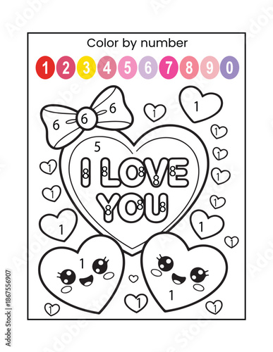 Cute Valentine Hearts Color by Number Worksheet