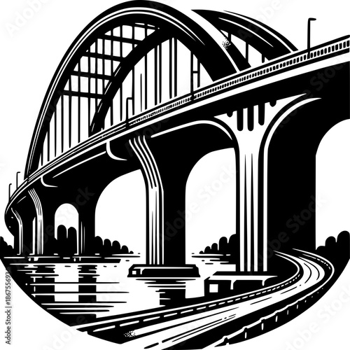 Urban Arch: A striking monochrome view of a majestic bridge, its strong arches stretching gracefully across a calm waterway, an emblem of strength and connection.