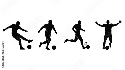 Collection of four distinct black silhouette icons illustrating soccer players engaged in various dynamic actions like kicking dribbling and celebrating a goal