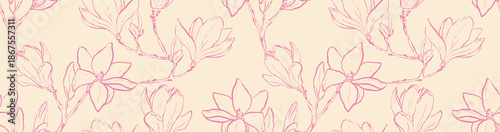 Seamless magnolia floral line art pattern on beige background