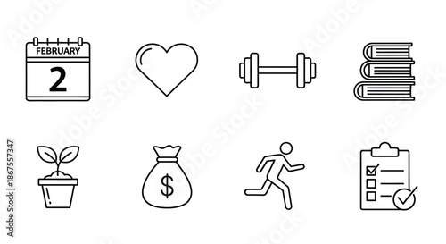 February goals: love, fitness, and personal growth Vector