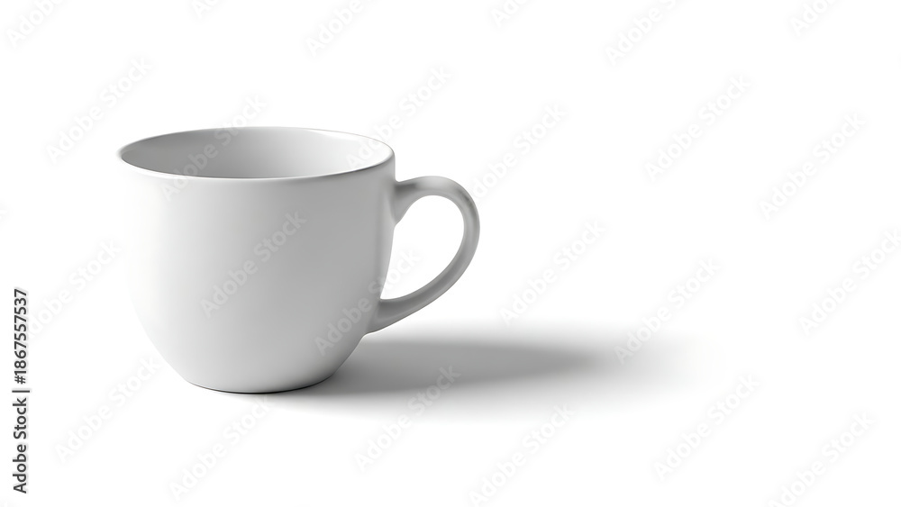 Obraz premium A smooth white ceramic mug with a rounded body and a simple C-shaped handle is positioned on a white surface, casting a soft shadow to its right, highlighting its clean, minimalist and pristine