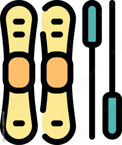 Skiing equipment featuring skis and poles, ideal for winter sports enthusiasts preparing for downhill adventures