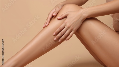 Smooth female legs with hands touching skin, beauty and skincare concept, soft healthy skin, body care routine, minimal aesthetic, wellness and self care