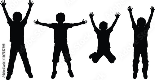 Happy children silhouettes jumping with raised hands showing joy, freedom, playfulness, childhood energy, fun activity concept isolated white background