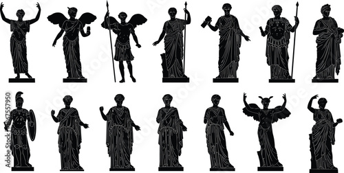 Set of Black Ancient Greek Roman Statue Silhouettes, Classical Mythology God Goddess Icons, Isolated Vector Graphic Elements for History Art Design