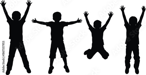 Joyful children silhouettes jumping with raised hands expressing happiness, freedom, playful energy, childhood fun, active lifestyle concept isolated white background