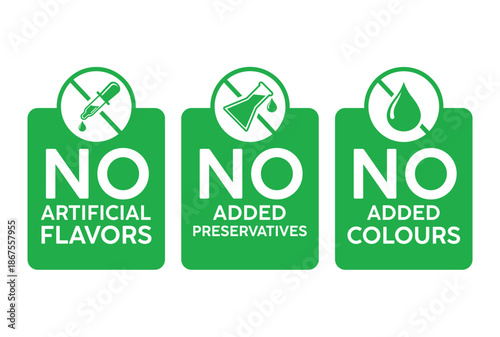 Set of three green icons for natural products: "No Artificial Flavors," "No Added Preservatives," and "No Added Colours." Vector labels for organic food packaging and clean ingredient marketing.