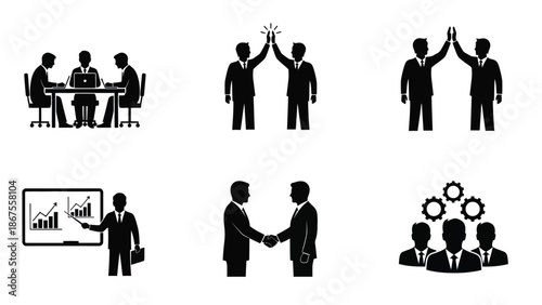 Collection of black silhouette icons representing various business team interactions including meetings presentations handshakes and success celebrations for corporate graphics