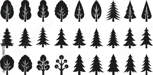 Set of Black Tree Silhouettes, Pine Spruce and Deciduous Forest Icons, Isolated Vector Graphic Elements for Nature Logo and Landscape Design