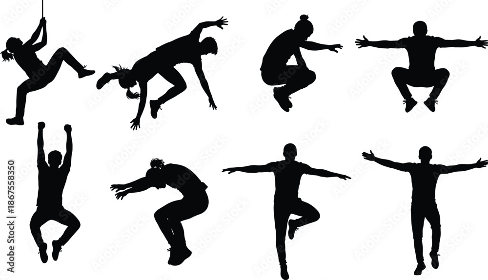 Obraz premium Set of eight black parkour and climbing silhouettes featuring athletes jumping, hanging, and performing urban extreme sports stunts on white background. (20 words)