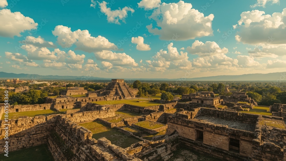 Obraz premium Ancient Mayan ruins at Chichen Itza under a cloudy sky, showcasing historical architecture and lush landscape.
